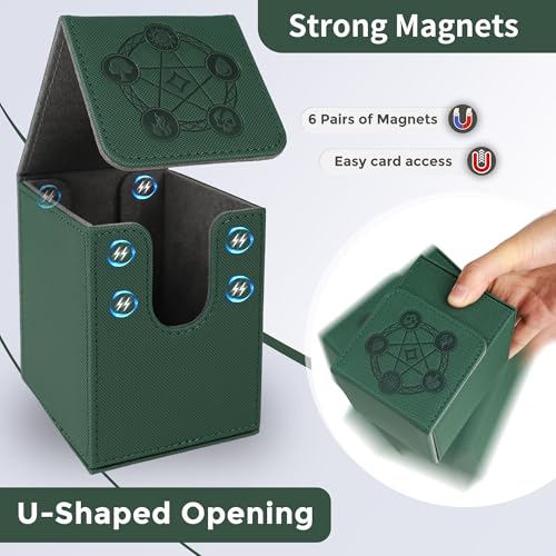 Card Deck Box with 2 Dividers, MTG Commander Deck Box Holds 100+ Double-Sleeved Cards, Leather Magnetic Deck Case Compatible with Magic TCG CCG Cards, Green - color: 2. Green, size: 100 Double-sleeved Cards Vertical