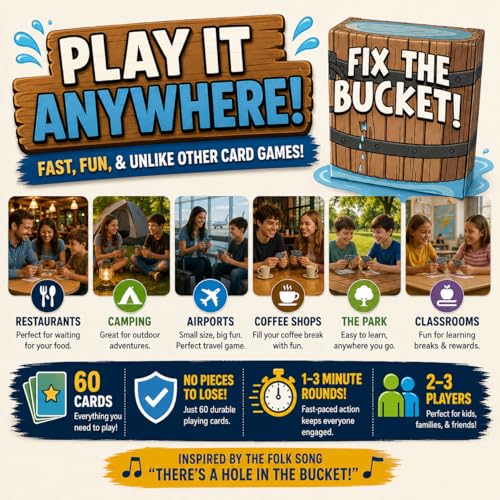 Fix the Bucket! The There's a Hole in the Bucket Fast Travel Card Game | Ages 7+, 2–3 Players, 3-5 Minute Gameplay, Easy to Learn, Great for Road Trips, Waiting Rooms & Family Game Night