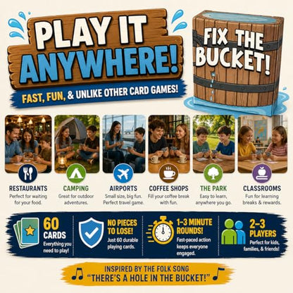 Fix the Bucket! The There's a Hole in the Bucket Fast Travel Card Game | Ages 7+, 2–3 Players, 3-5 Minute Gameplay, Easy to Learn, Great for Road Trips, Waiting Rooms & Family Game Night