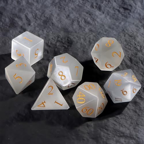 LUCKY-M Cat Eye Gemstone Dice DND Set, 7PCS Natural Handmade Dice for Dungeons and Dragons, D&D Accessories Men Gift (White) - color: Cat Eye- White