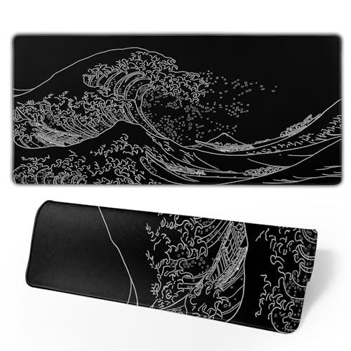 Japanese Sea Wave Large Mouse Pad, Anime Black Gaming, Extended Kanagawa Mat Desk Pad, 3mm Thick Long Non-Slip Rubber Base Mice Pad, 31.5 X 11.8 Inch - color: Japanese Sea Wave