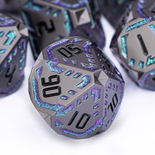 Metal DND Sci-fi Dice Set 7PCS Stripe Polyhedral Dice for Dungeons Dragons RPG Role Playing Game, Glitter D and D Dice with Gift Box D6 D8 D10 D12 D20 (Black&Green Purple) - color: Black - Green Purple