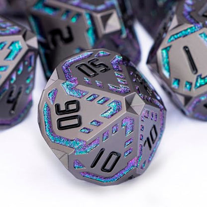 Metal DND Sci-fi Dice Set 7PCS Stripe Polyhedral Dice for Dungeons Dragons RPG Role Playing Game, Glitter D and D Dice with Gift Box D6 D8 D10 D12 D20 (Black&Green Purple) - color: Black - Green Purple