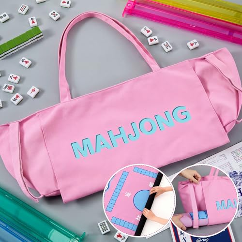 Abbylike 28x9 Inches Mahjong Bag for Rolled Mat Tiles Racks Pushers Accessories Empty Mahjong Tote Bag with Zipper Closure Outer Pockets Lining Large Capacity(Light Pink,Canvas) - color: Light Pink