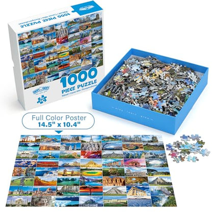 BenBen 4 Pack 1000 Piece Puzzle for Adults, Thick Cardboard Pieces | World Landscape, USA Landmarks, Dogs' Dinner Party, Jungle Parrots Jigsaw Puzzles with Letters or Patterns on Back