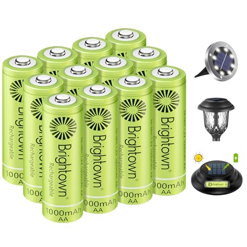Brightown 12-Pack Rechargeable AA Batteries - 1000mAh 1.2V NiMH High Capacity Batteries - Ideal for Solar Lights & Home Devices, Recharge up to 1000x Times, Pre-Charged - size: 12 PC AA 1000mAh