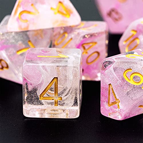 UDIXI 7PCS Glitter DND Dice Set Resin RPG Polyhedral Dice Set for D&D | Pink & White Swirl, Gold Number, Velvet Dice Bag Packaging, for Dungeons and Dragons Role Playing Games and Tabletop Games - color: Pink White