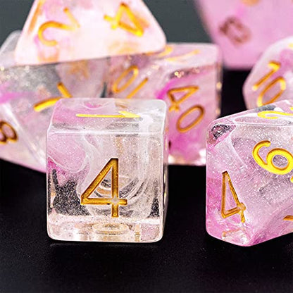 UDIXI 7PCS Glitter DND Dice Set Resin RPG Polyhedral Dice Set for D&D | Pink & White Swirl, Gold Number, Velvet Dice Bag Packaging, for Dungeons and Dragons Role Playing Games and Tabletop Games - color: Pink White