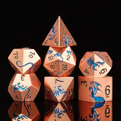 Blue Dragon Theme Metal Dice Set,HNCCESG 7PCS Solid Zinc Alloy Polyhedral Dice with Magnetic Gift Box for RPG Tabletop Game Lovers (Ancient Gold with Blue Dragon) - color: Ancient Gold Blue