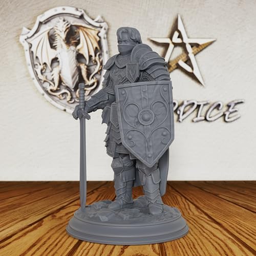 AUSPDICE Master Fighter 28mm, Unpainted Human Fantasy RPG Miniature AS227 | DND Miniature for Dungeon Masters: Armored Swordsman with Longsword and Ornate Shield for TTRPG Battles and Castle Defense