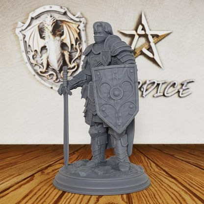 AUSPDICE Master Fighter 28mm, Unpainted Human Fantasy RPG Miniature AS227 | DND Miniature for Dungeon Masters: Armored Swordsman with Longsword and Ornate Shield for TTRPG Battles and Castle Defense