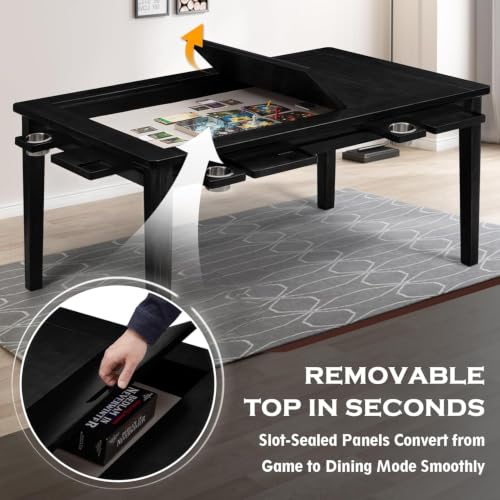 63"x39" Board Game Table with Removable Top Solid Wood Dining/Gaming Table | Gaming Table for 4-6 Players with Play Mat, 6 Detachable Cup Holders & 6 Hobby Trays (Black) - color: Black