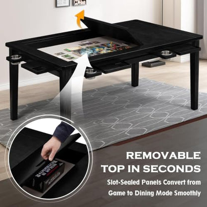 63"x39" Board Game Table with Removable Top Solid Wood Dining/Gaming Table | Gaming Table for 4-6 Players with Play Mat, 6 Detachable Cup Holders & 6 Hobby Trays (Black) - color: Black