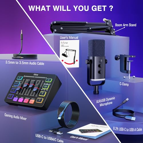 FIFINE XLR/USB Gaming Microphone Set and Gaming Audio Mixer,Dynamic PC Mic for Streaming Podcasting,RGB Recording Mixer with XLR Microphone Interface,Computer RGB Mic Kit with Boom Arm Stand(AM8T+SC3)