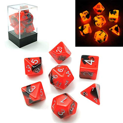 Bescon Two-Tone Glow-in-the-Dark Polyhedral Dice Set HOT Rocks, Luminous RPG Dice Set d4 d6 d8 d10 d12 d20 d% Brick Box Pack - color: Hot Rocks