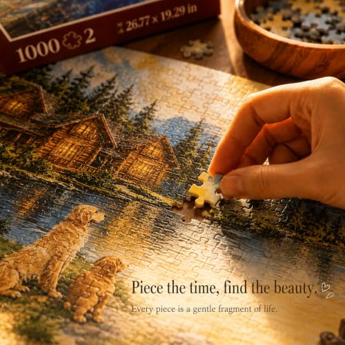 Puzzles for Adults 1000 Pieces, 2 Pack Lake Cabin and Moonlight Jigsaw Puzzles, Night View Theme, Challenging Puzzles for Game Night, Perfect for Nature Lovers - style: Wait&Moonlight