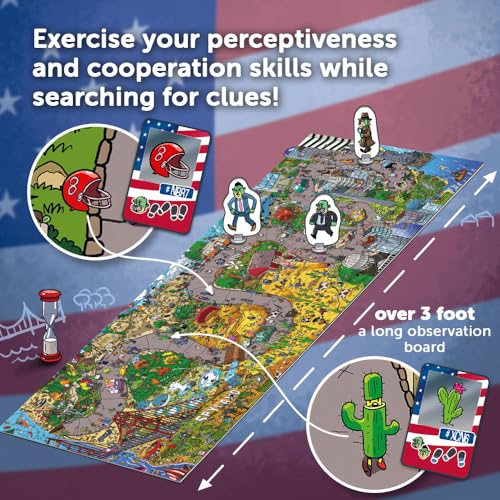 Trefl Spy Guy USA Cooperative Detective Game, Family Board Game, Huge Cartoon Board, US Monuments and Symbols, for Adults and Children Aged 5 and Over