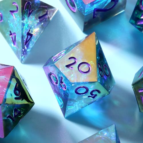 Iridescent Plating DND Dice, DNDND Handmade Resin Sharp Edge D&D Die with Gift Case for Dungeons and Dragon Tabletop Games (Iridescent Plating Green & Blue) - color: Iridescent Green and Blue