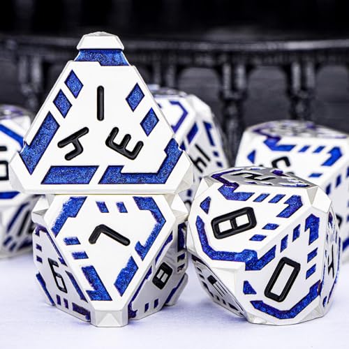 Metal DND Sci-fi Dice Set 7PCS Stripe Polyhedral Dice for Dungeons Dragons RPG Role Playing Game, Glitter D and D Dice with Gift Box D6 D8 D10 D12 D20 (Silver Blue) - color: Silver Blue