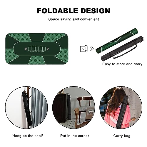 94 x 47 Inch Poker Mat with Stronger Sewn Edges, 10 Players Texas Hold'em Poker Rubber Mat Poker Topper for Tables, Folding Portable Poker Table Top Layout w/Carrying Bag for Poker Games, Blackjack - color: 94x 47 Inch Green