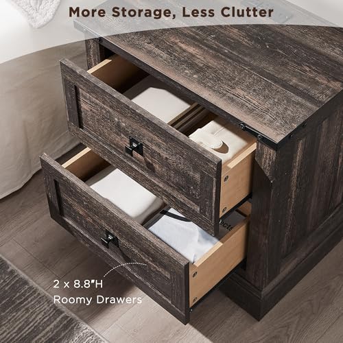 T4TREAM 24" Farmhouse Nightstand with Charging Station, Dark Rustic Oak | End Table, 2 Large Storage Drawers, Rustic Wood Sofa Bedside Table, Bedroom, Living Room - color: Dark Rustic Oak, size: 24"W*15.75"D*24"H