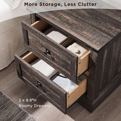 T4TREAM 24" Farmhouse Nightstand with Charging Station, Dark Rustic Oak | End Table, 2 Large Storage Drawers, Rustic Wood Sofa Bedside Table, Bedroom, Living Room - color: Dark Rustic Oak, size: 24"W*15.75"D*24"H