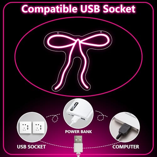 Bow Neon Sign, Pink Ribbon Bow Neon Signs for Wall Decor Pink LED Neon Light for Girl's Girly Room Bridal Shower Wedding Nursery Christmas Birthday Party Gift Dimmable USB Powered (10.2"*9.6") - style: Pink Bow