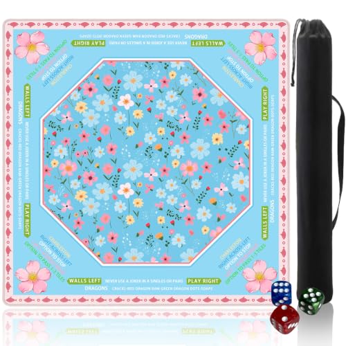 Pittera Mahjong mat for Table/31.5lnch/American Mahjong Table Cloth with Rules mats with Drawstring Bag,Noise ReductionAnti-Slip Game mat for Table,for Mahiona/PokerBoard Games/Card Games (Flower) - color: Blue Flowers