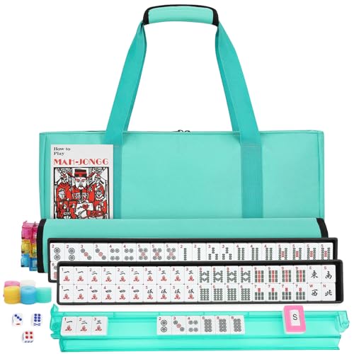 Suncle American Mahjong Tile Set,166 White Tiles Mahjong Set,4 Colors Mahjong Racks,Travel Mahjong Set with Green Carrying Bag - color: Green