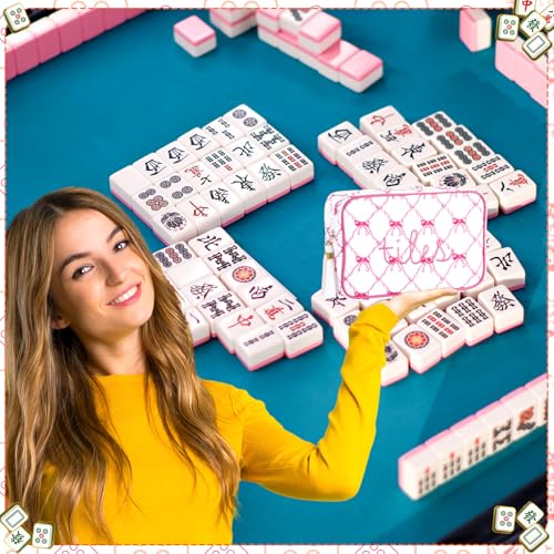 Sanwuta 1 Pcs Mahjong Tile Bag with Zipper,Pink,Bow | Embroidered Mahjong Case for 166 American Mahjong Tiles (1.2") Portable Bags for Board Game Party Gathering Travel - color: Pink, style: Bow