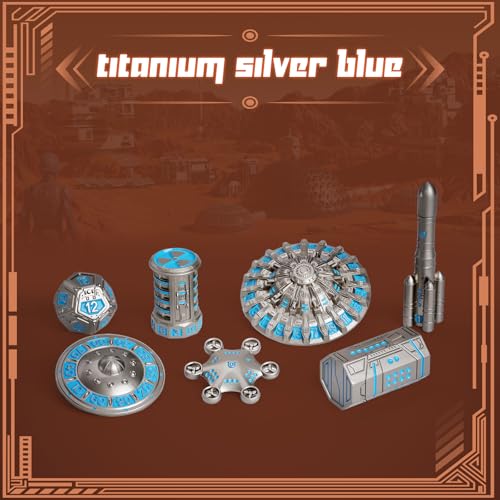 Unique Pioneer Dice Zinc Alloy Metal Dice Set 7pcs DND Dice Mars Planet Theme Polyhedral RPG Dice Set for Dungeons and Dragons Tabletop GamingRocket and UFO Design (Silver Titanium Blue) - color: Silver Titanium Blue