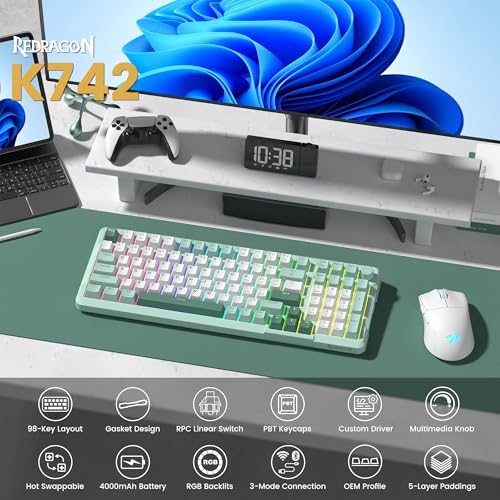 Redragon K742 Bluetooth Wireless Mechanical Gaming Keyboard with Knob | BT5.0/2.4GHz/USB C Creamy Keyboard with Number Pad for PC Computer, RGB Backlits, Hot-Swappable with Linear Switches (Green) - color: Green