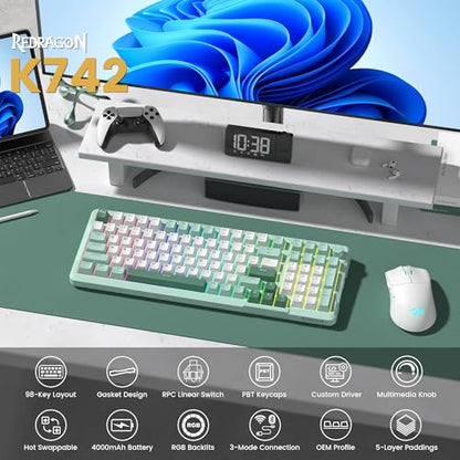 Redragon K742 Bluetooth Wireless Mechanical Gaming Keyboard with Knob | BT5.0/2.4GHz/USB C Creamy Keyboard with Number Pad for PC Computer, RGB Backlits, Hot-Swappable with Linear Switches (Green) - color: Green