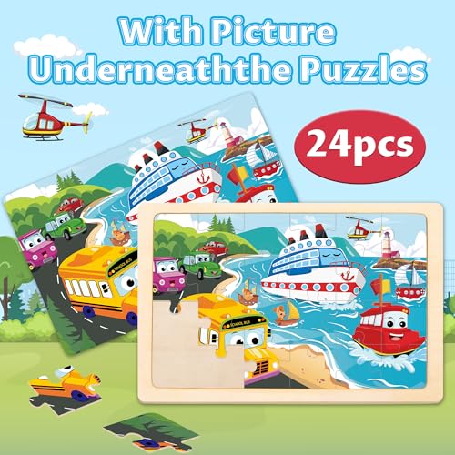 Wooden Puzzles for Kids Ages 3-5, 4 Packs Puzzles for Kids Ages 4-6, 24-Piece Truck Vehicle Wood Jigsaw Puzzles for Toddlers 3-5,Preschool Educational Toys Gifts for Children Ages 4-8 Boys (Vehicle)