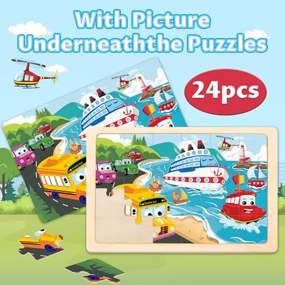 Wooden Puzzles for Kids Ages 3-5, 4 Packs Puzzles for Kids Ages 4-6, 24-Piece Truck Vehicle Wood Jigsaw Puzzles for Toddlers 3-5,Preschool Educational Toys Gifts for Children Ages 4-8 Boys (Vehicle)