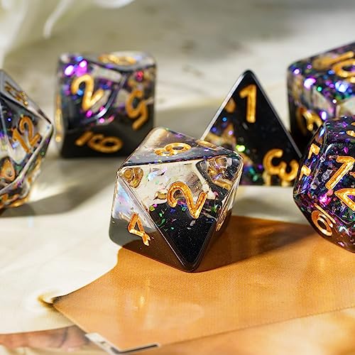 Black DND Dice Set Foil Polyhedral Dice Set D&D for Tabletop Games | Leather Storage Bag, DM Gift, for Dungeons and Dragons Role Playing Games - color: Black