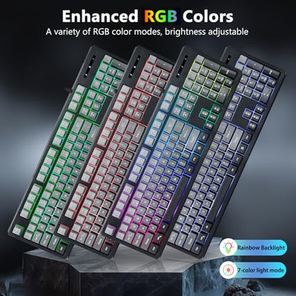HUO JI Wired Gaming Keyboard with RGB LED Backlit, Floating Keys, Membrane with Mechanical Feeling, Spill Resistant, Ergonomic for Xbox, PS Series, Desktop, Computer, PC, Gradient Gray - color: Grey