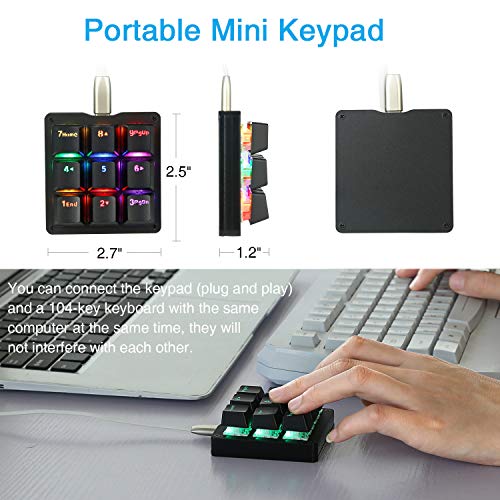 Koolertron One Handed Macro Mechanical Keyboard, RGB LED Backlit Portable Mini One-Handed Mechanical Gaming Keypad OSU! Keyboard 9 Fully Programmable Keys Red Switches - color: Black/Red Switches