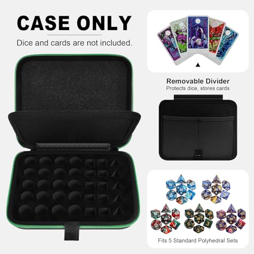 Hard DND Dice Case for 5 Polyhedral Dice Sets, Case Only | Hard shell dice case, holds 5 polyhedral sets, with removable divider and dual mesh pockets for DND/RPG game nights - color: Green