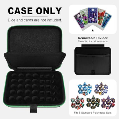 Hard DND Dice Case for 5 Polyhedral Dice Sets, Case Only | Hard shell dice case, holds 5 polyhedral sets, with removable divider and dual mesh pockets for DND/RPG game nights - color: Green