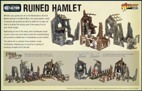 Warlord Bolt Action Ruined Hamlet 3 Buildings 1:56 WWII Military Wargaming Diorama Plastic Model Kit, Small, Unpainted