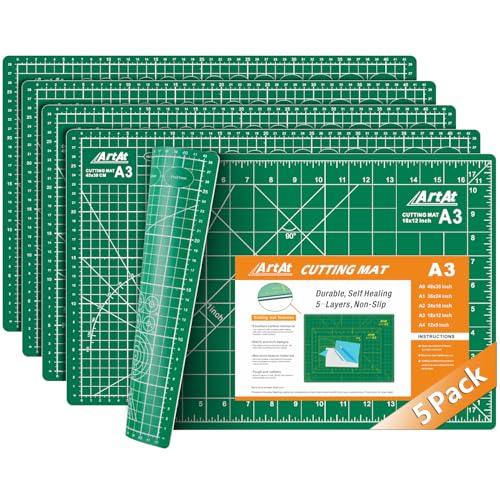 ArtAt A3 Self Healing Cutting Mat 12''x18'' 5 pack | Double-Sided 5-Ply Craft Cutting Board with Grid ,Slip-Resistant Cutting Mat for Fabric,Quilting, Crafts & Hobbies(Green) - color: Green, size: 18"L x 12"W（5pcs）