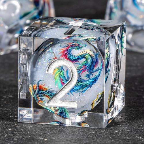 OUKELANWO Liquid Core Dragons Stickers DND Dice Set D&D, 7Pcs Dungeons D and D Role Playing Dice with Gift Box, Resin Sharp Edge Dice D20 D12 D10 D8 D6 D4, White - color: White