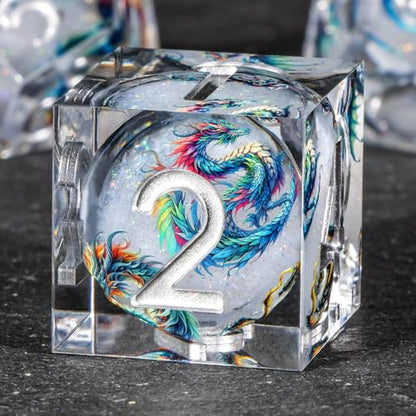 OUKELANWO Liquid Core Dragons Stickers DND Dice Set D&D, 7Pcs Dungeons D and D Role Playing Dice with Gift Box, Resin Sharp Edge Dice D20 D12 D10 D8 D6 D4, White - color: White