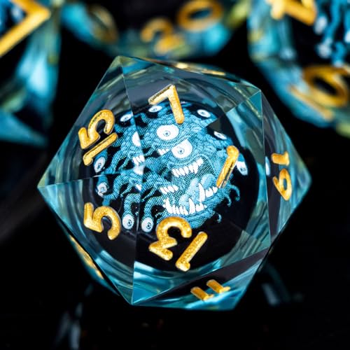 DND Monster Dice Set Liquid Core Sharp Edge Dice for Dungeons Dragons RPG Role Playing Game, Polyhedral D and D Dice with Gift Box D6 D8 D10 D12 D20 (Silver Blue) - color: Blue Gold