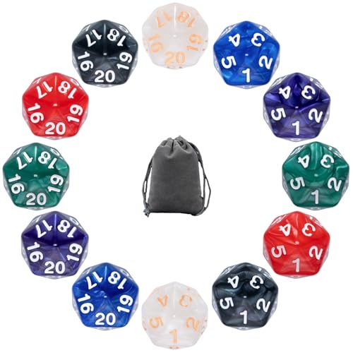 12 PCS D20 Spindown Dice Set in 6 Pearl Colors for MTG Accessories | Easy to read, 0.86 Inches 20 sided countdown D20, a grey velvet bag