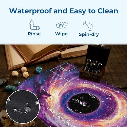 MTG Playmat 24x14 in, TCG Card Game Mat with Stitched Edges, Non-Slip Rubber Base, Waterproof Play Mat for Trading Card Games, 2mm Thickness with Storage Bag – Galaxy Black Hole