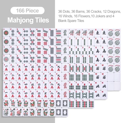 American Mahjong Tile Set with Brown Bag, 166 White Tiles with Accessories, 4 Mahjong Racks with Pushers, Mahjong Set for Beginners (Ma Jong, Mah-Jongg) - color: Brown