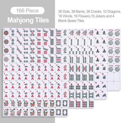 American Mahjong Tile Set Complete, 166 White Tiles with Accessories, 4 Mahjong Racks with Pushers, Mahjong Set with Blue Carrying Bag for Beginners (Ma Jong, Mah-Jongg) - color: Blue