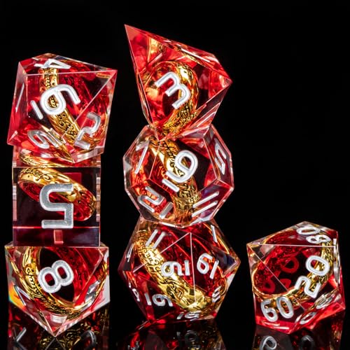OUKELANWO Magic Lord Rings DND Dice Set with Box, 7Pcs Resin LOTR D&D Dice Set for Role Playing Game, Red Dungeons Dragons D and D Sharp Edge Dice D20 D12 D10 D8 D6 D4 - color: Red & White